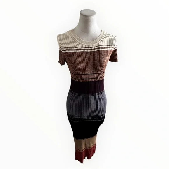 STAUD Colleen Colorblock Rib Sweater Dress Sahara Stripe Striped Midi Bodycon M - Picture 4 of 9
